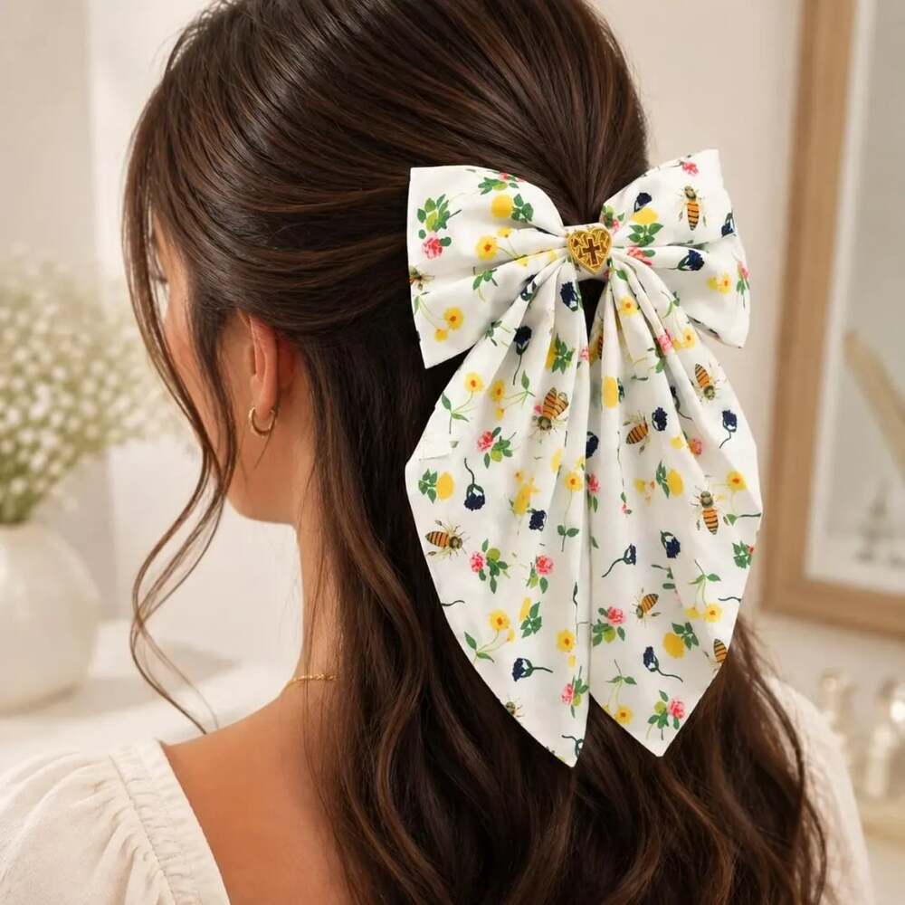 Floral Bee Statement Hair Bow Gold Cross Cottagecore Spring Accessory